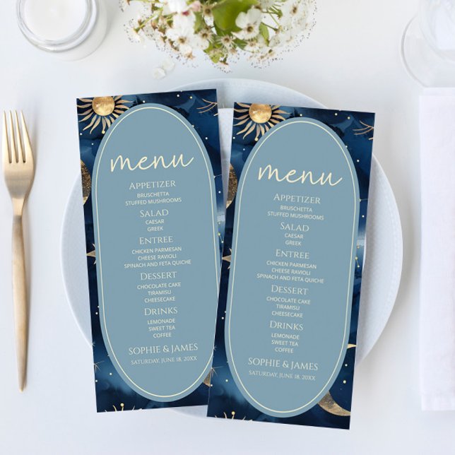 Menu Blue Gold Celestial Elegant Starry Sky Wedding (Criador carregado)