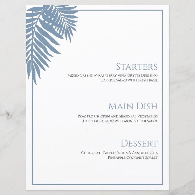 Menu Blue Palm Wedding Card 8 1/2" X 11" (Frente)