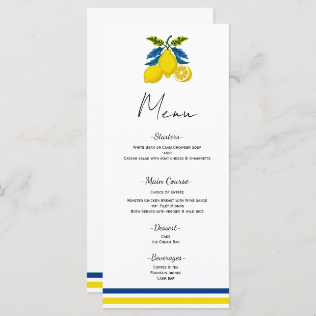 Menu Blue Yellow Lemon Mediterranean WedMenu (Frente/Verso)