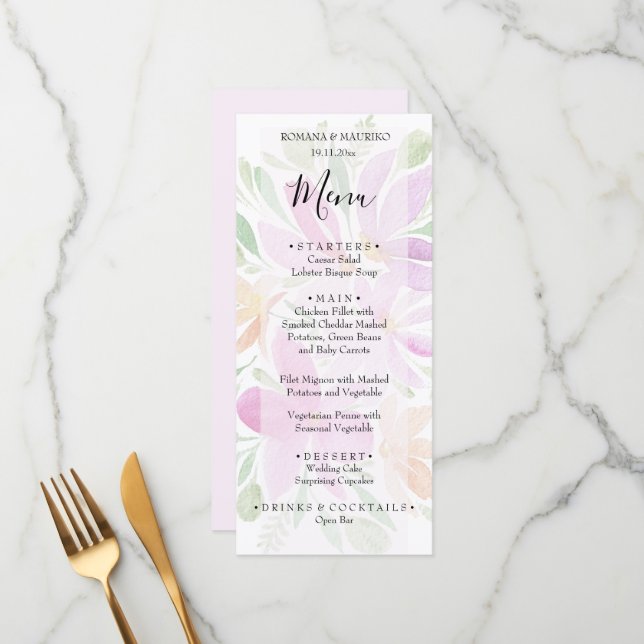 Menu Blush Artista Floral Cores De Água Pintadas À Mão (Frente/Verso In Situ)