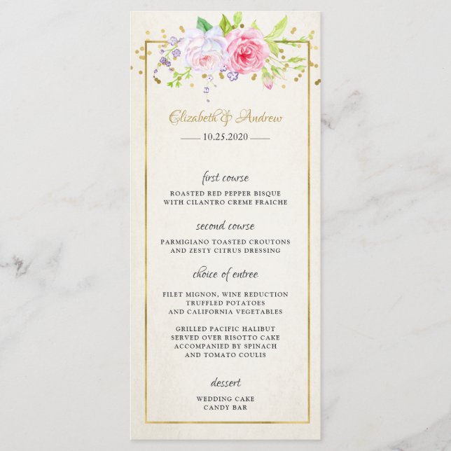 Menu Blush Dourado Floral Modern Dourado Frame Wed (Frente)