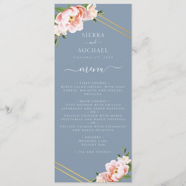 Menu Blush Floral Dourado Dusty Recepção de casamento a (Frente)