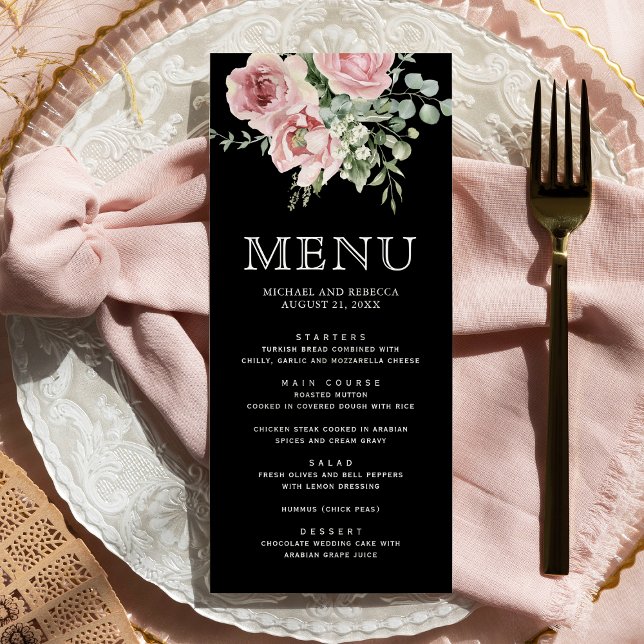 Menu Blush Pink Floral Eucalyptus Black Wedding (Criador carregado)