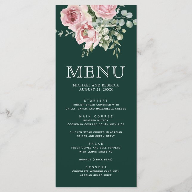 Menu Blush Pink Floral Eucalyptus Emerald Green Wedding (Frente)