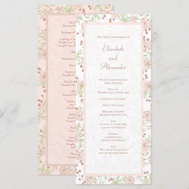 Menu Blush Pink Roses Wedding Vintage Programs (Frente/Verso)