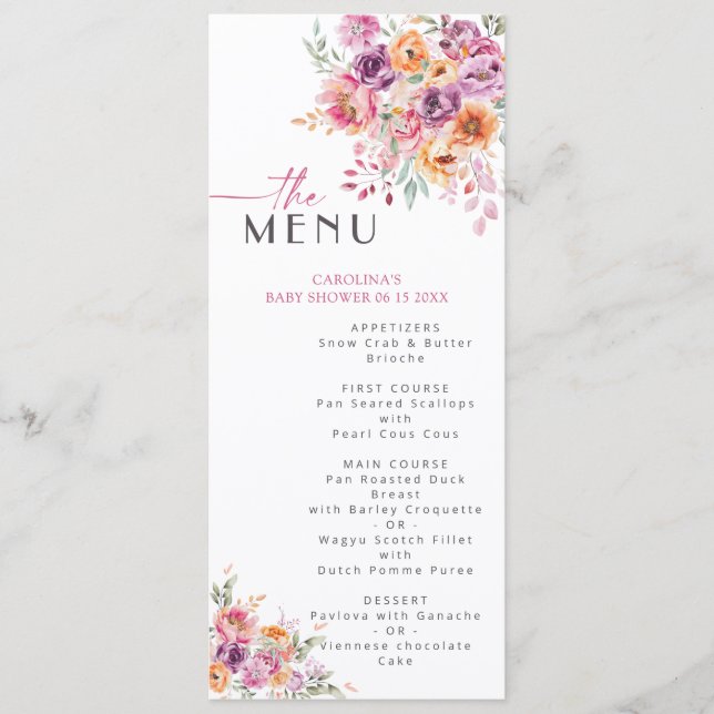 Menu Blush Pink Watercolor Floral Garden Baby Shower  (Frente)