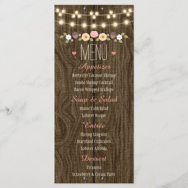 Menu Blush String of Lights Rustic Casamento outono Men (Frente)