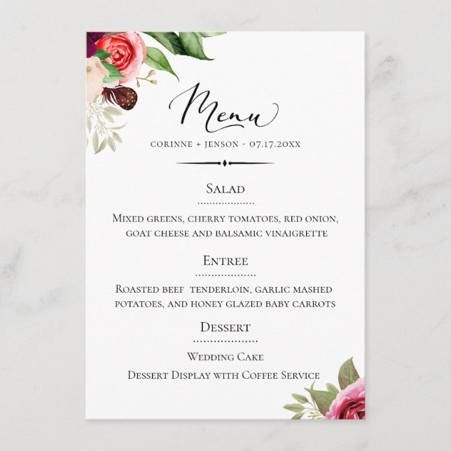 Menu Boêmia Floral Boêmia com Tipografia Chic (Frente)