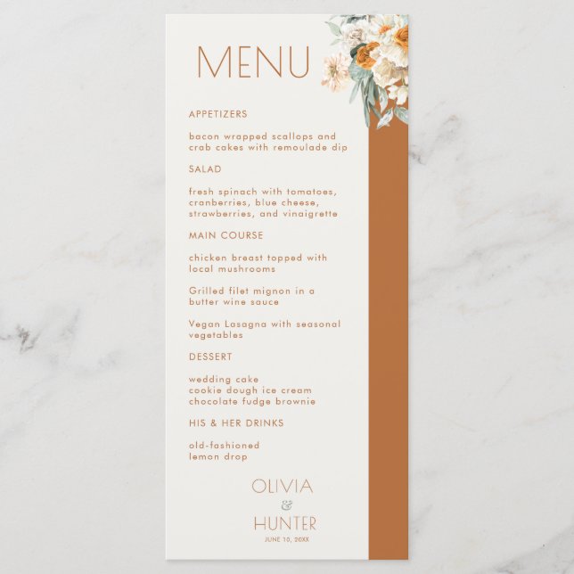 Menu Boêmia Floral Moderna Terracotta Casamento (Frente)