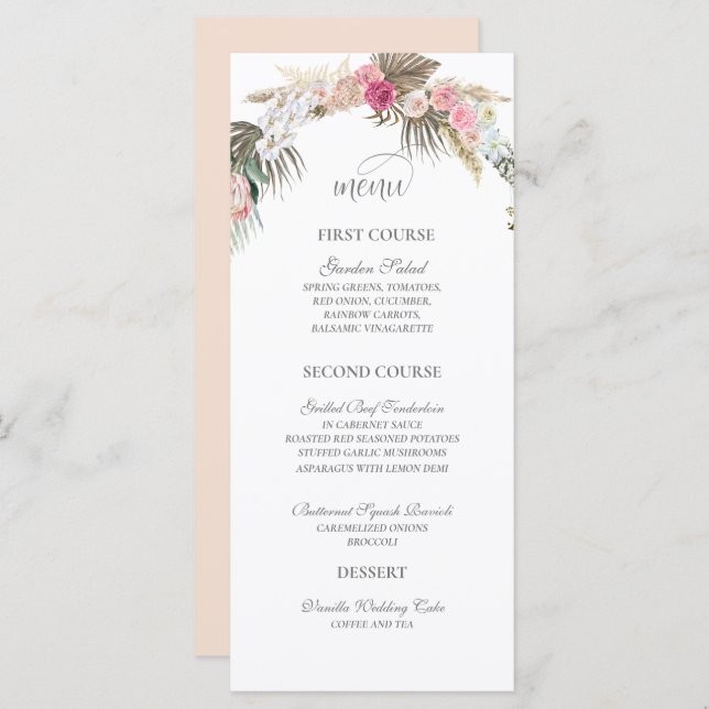 Menu Bohemian Floral Rosa Watercolor Boho Wedding (Frente/Verso)
