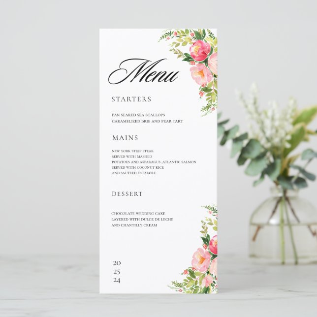 Menu Bohemian watercolor floral wreath Wedding (Em pé/Frente)