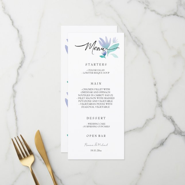Menu Boho Artístico Jardim Floral Azul Aquarela (Frente/Verso In Situ)
