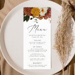 Menu Boho Autumn Floral Wedding<br><div class="desc">Menu de casamento russo do outono com uma borda superior de flores aquáticas e verde em cores autóctones mudas de marfim, laranja, ouro mostarda, verde-oliva, rosa poeirento e castanho. Personalize com seus nomes, data do casamento e informações do menu. A parte de trás do menu do casamento floral de outono...</div>