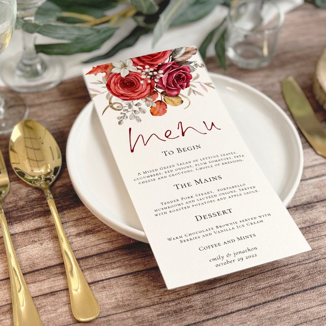 Menu Boho Autumn Red Orange Florals Casamento (Criador carregado)
