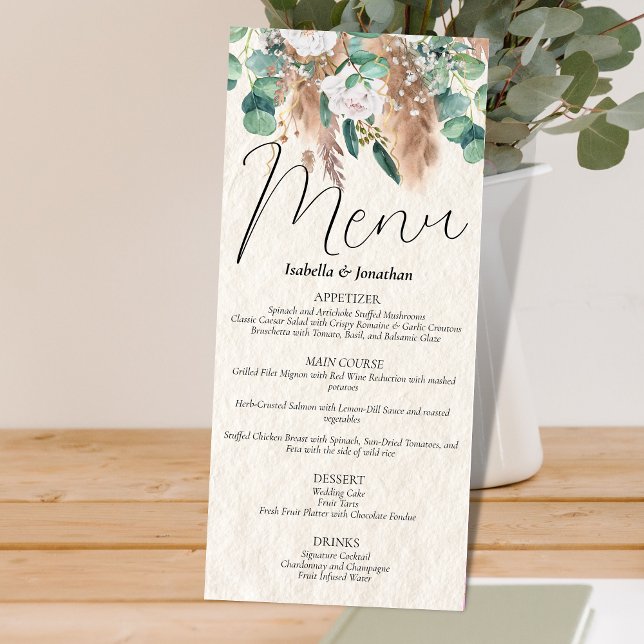 Menu Boho Beige Pampas Grass Eucalyptus Greenery Floral (Criador carregado)