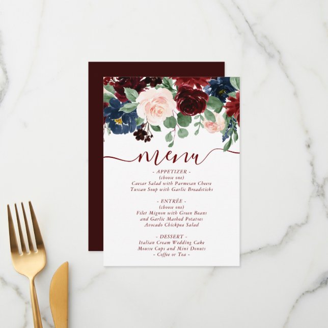 Menu Boho Bloom | Elegante Marsala Vermelho e Rosa Esma (Frente/Verso In Situ)