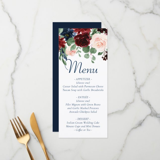 Menu Boho Blooms | Marinho russo e Borgonha (Frente/Verso In Situ)