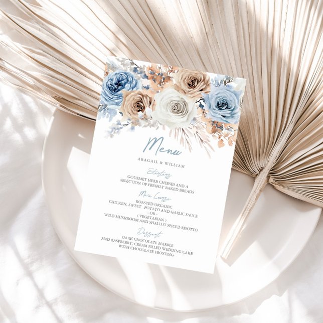 Menu Boho Blue Dusty Bohemian Floral Casamento (Criador carregado)