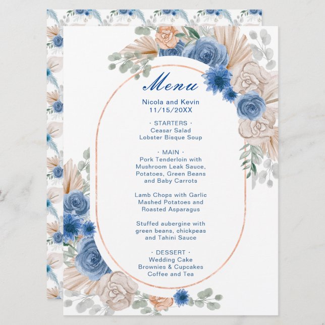 Menu Boho Blue Pampas Grass Weding (Frente/Verso)