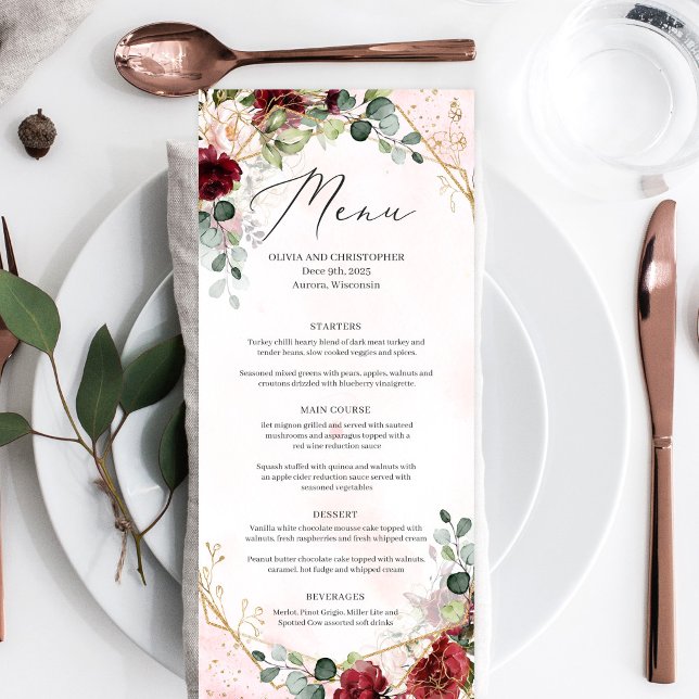Menu Boho blush burgundy casamento geométrico de ouro f (Modern blush and burgundy floral gold geometric boho wedding dinner menu )