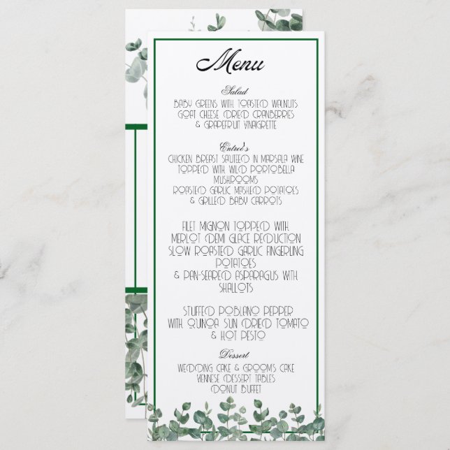 Menu Boho Botânico Elegante Eucalyptus Greenery (Frente/Verso)