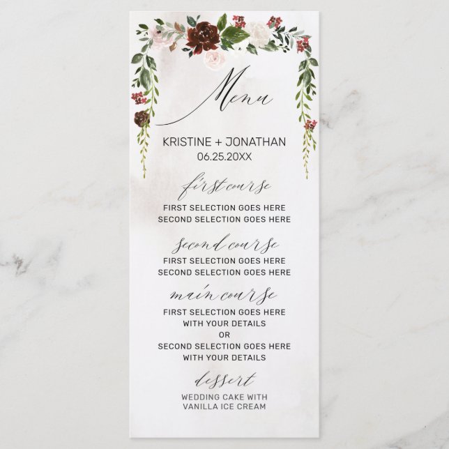 Menu Boho Burgundy Rosa Rosa Watercolor Casamento Flora (Frente)
