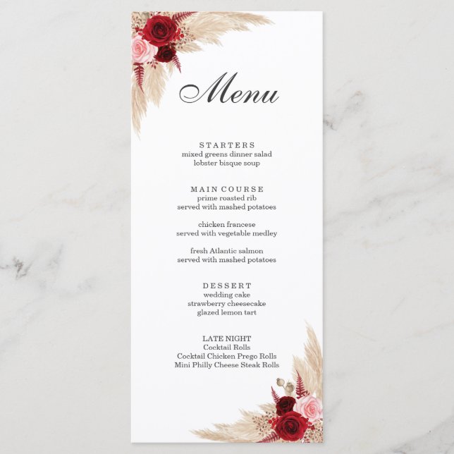 Menu Boho Burgundy Rosas e Pampas Grass (Frente)