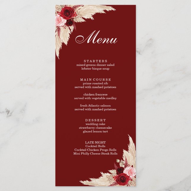 Menu Boho Burgundy Rosas e Pampas Grass (Frente)