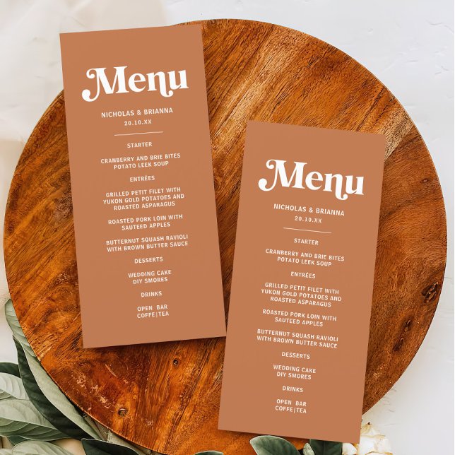 Menu Boho Burnt Orange Wedding Retro 70s (Criador carregado)
