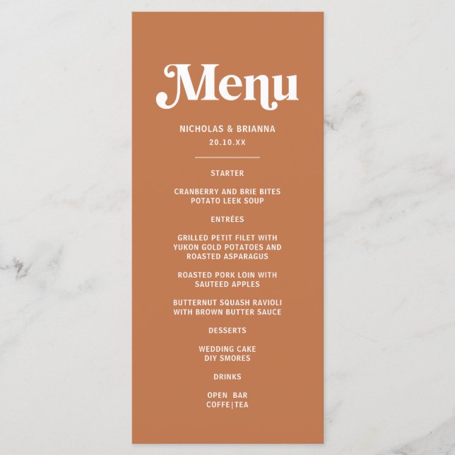 Menu Boho Burnt Orange Wedding Retro 70s (Frente)