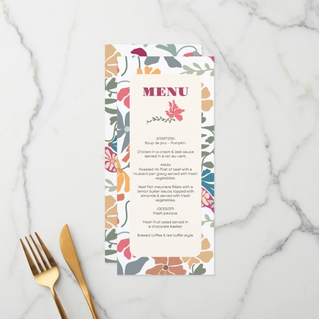 Menu Boho Chic Floral Casamento Retro Meados do Século (Frente/Verso In Situ)
