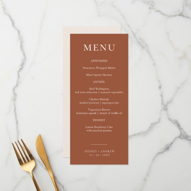 Menu Boho Chic Minimal Terracotta Wedding (Frente/Verso In Situ)