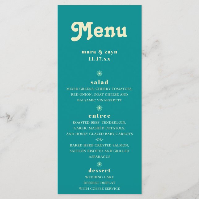 Menu Boho Chic Retro 70's Teal Wedding (Frente)