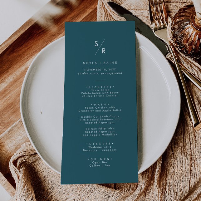 Menu Boho Chic Teal Blue Monograma Casado (Criador carregado)