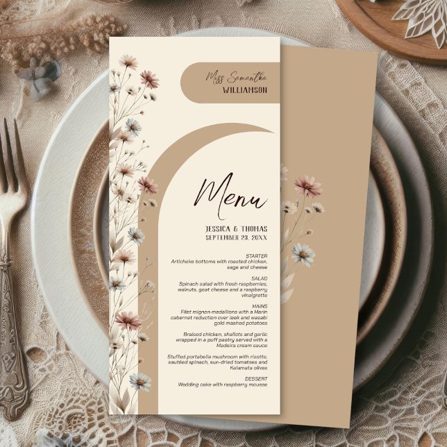Menu Boho Chic Wildflower Elegante Personalizado (Front/Back)