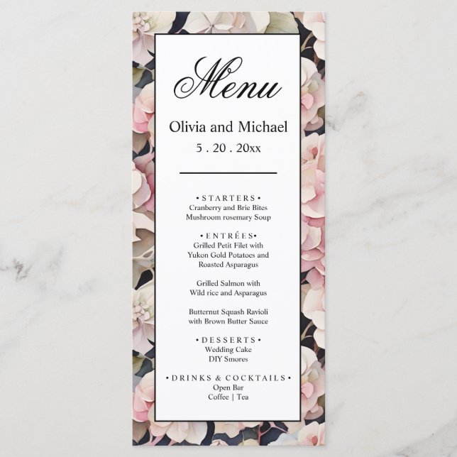Menu Boho cor-de-rosa-d'água floral Hydrangeas Casament (Frente)