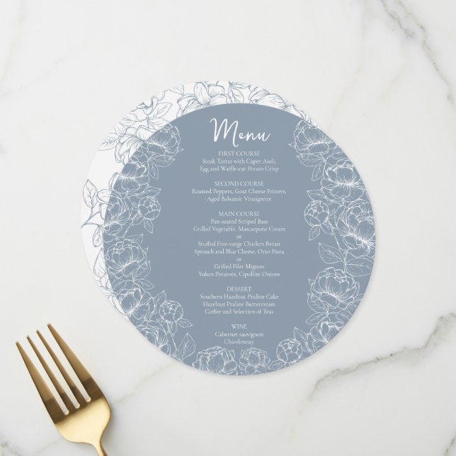 Menu Boho Dusty Blue Romântico Casamento Botânico redon (Frente/Verso In Situ)