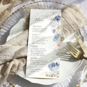 Menu Boho Elegante Ocean Beach Coral Blue Weding