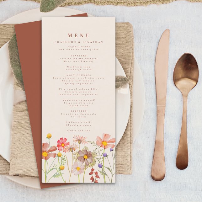 Menu Boho Fall Wildflower Beige Wedding (Boho fall wildflower floral beige and burnt orange wedding menu card Watercolor autumn flowers )