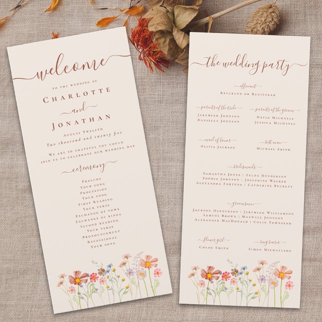 Menu Boho Fall Wildflower Meadow Wedding Ceremony (Boho fall Wildflower meadow beige Wedding ceremony program card watercolor florals elegant script)