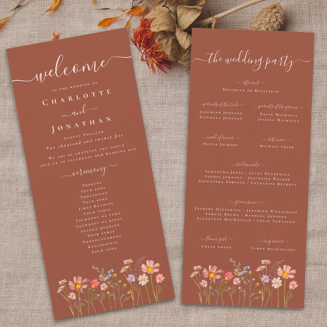 Menu Boho Fall Wildflower Terracotta Wedding Ceremony (Boho fall Wildflower meadow  floral terracotta rust Wedding ceremony program Elegant modern script)