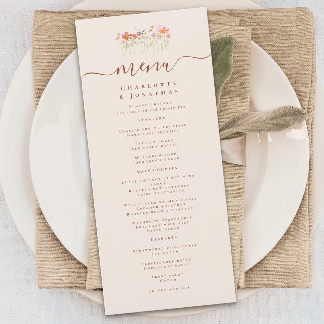 Menu Boho Fall Wildflower Wedding (Elegant boho fall Wildflower floral beige tan Wedding menu card terracotta rust script)