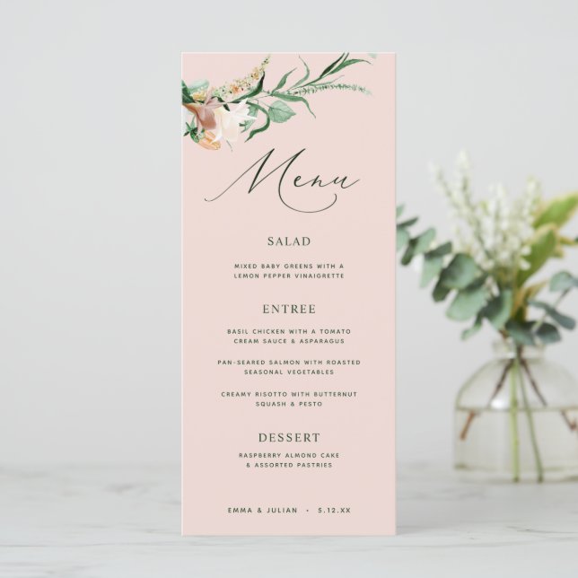 Menu Boho Greenery Blush Pink Casamento Boho Botân (Em pé/Frente)