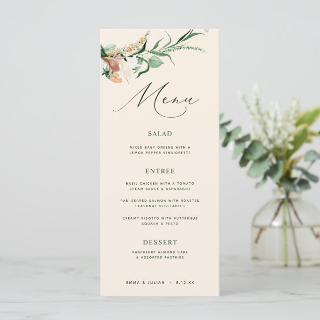 Menu Boho Greenery Neutral Peach Casamento Botânico (Em pé/Frente)