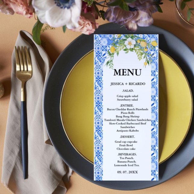 Menu Boho Lemon Blue Mediterranean azulejo - Casamento  (Criador carregado)