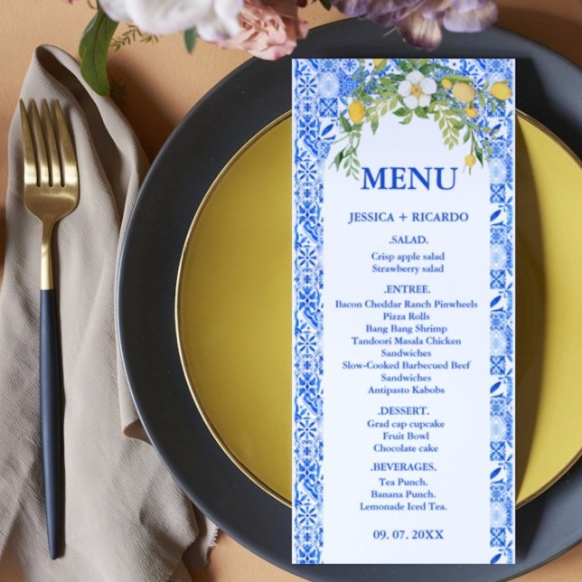 Menu Boho Lemon Blue Mediterranean azulejo - Casamento  (Criador carregado)
