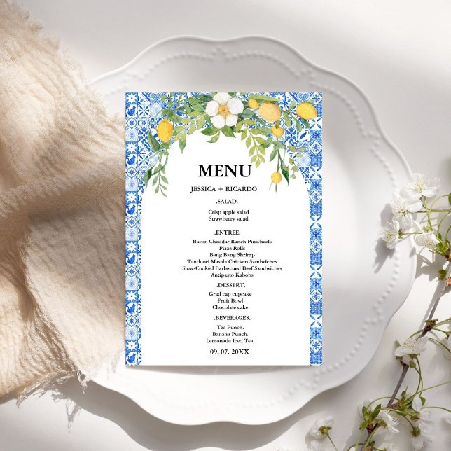 Menu Boho Lemon Blue Mediterranean azulejo - Casamento  (Criador carregado)