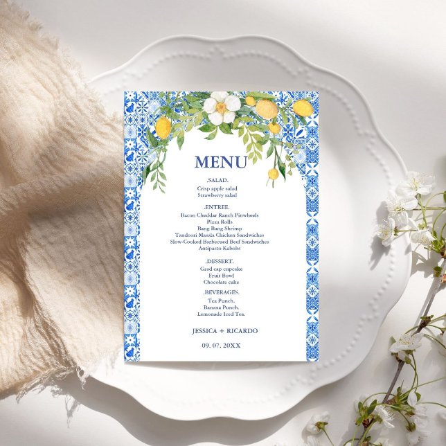 Menu Boho Lemon Blue Mediterranean azulejo - Casamento  (Criador carregado)