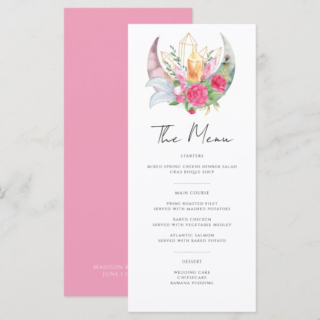 Menu Boho Lua Cristais Penas Flores Rosa Casamento  (Frente/Verso)