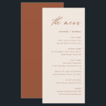 Menu Boho Manuscrito Calliografia Terracotta Casamento<br><div class="desc">Adicione um sotaque elegante à sua capa de tabela de eventos com este cartão de menu personalizável. Ele apresenta uma escrita caprichosa e uma simples tipografia. Personalize este cartão de menu boho adicionando seus próprios detalhes. Este cartão de menu preto e branco é perfeito para casamentos, chás de panela, chás...</div>